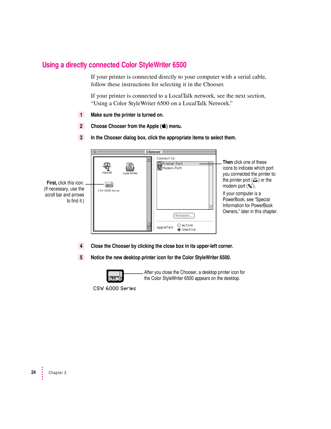 Apple 6500 manual Using a directly connected Color StyleWriter 