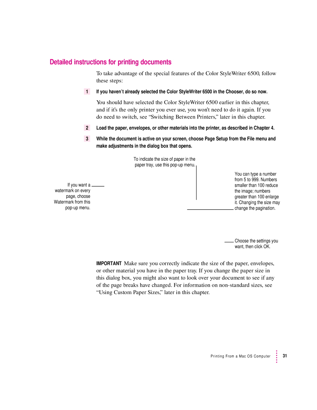 Apple 6500 manual Detailed instructions for printing documents 