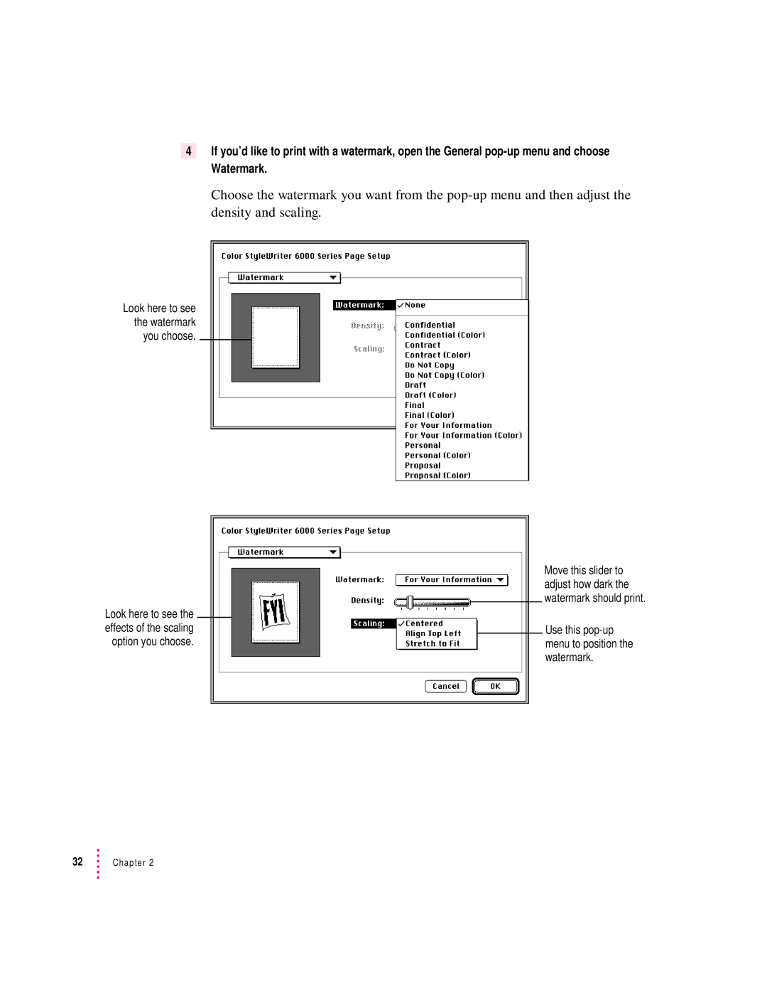 Apple 6500 manual Use this pop-up menu to position the watermark 