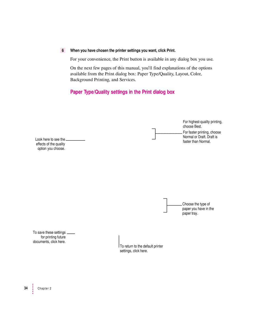 Apple 6500 manual Paper Type/Quality settings in the Print dialog box 