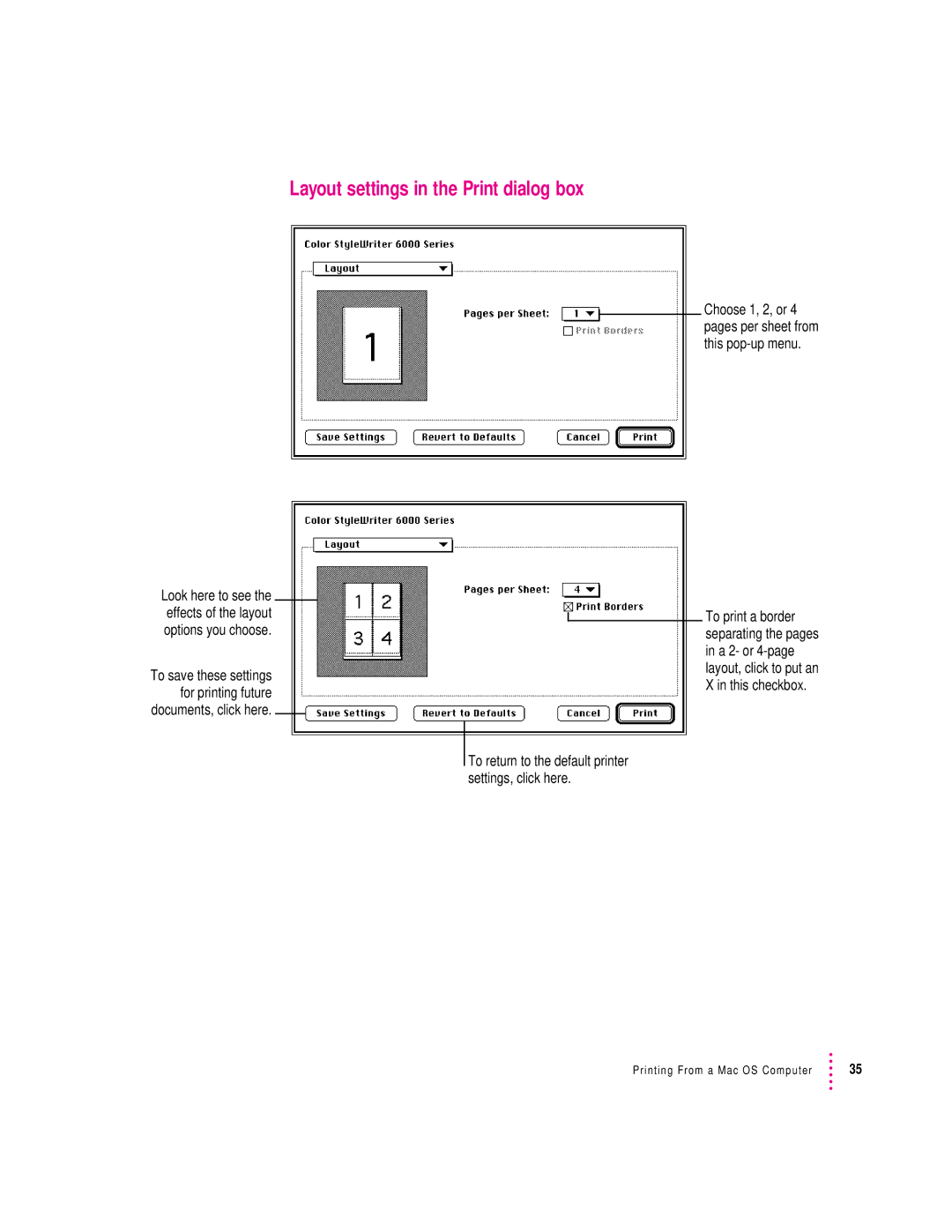 Apple 6500 manual Layout settings in the Print dialog box 