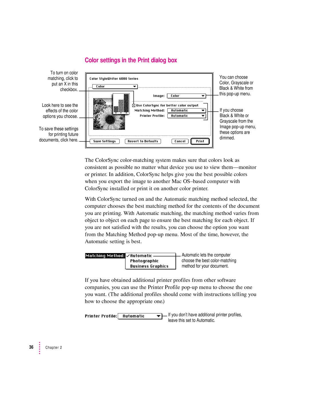 Apple 6500 manual Color settings in the Print dialog box 