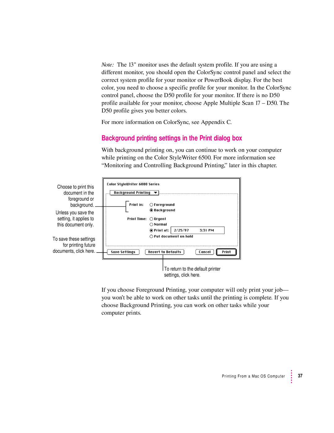 Apple 6500 manual Background printing settings in the Print dialog box 