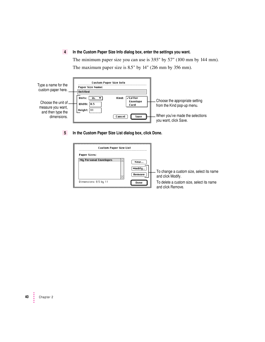 Apple 6500 manual Custom Paper Size List dialog box, click Done 