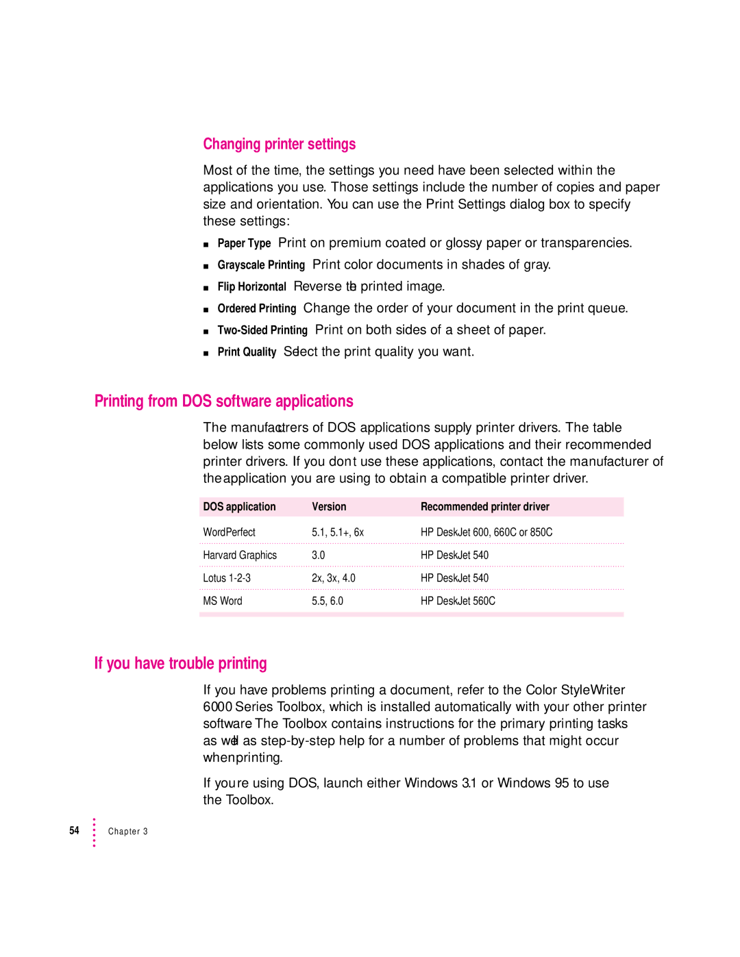 Apple 6500 manual Printing from DOS software applications, If you have trouble printing, Changing printer settings 