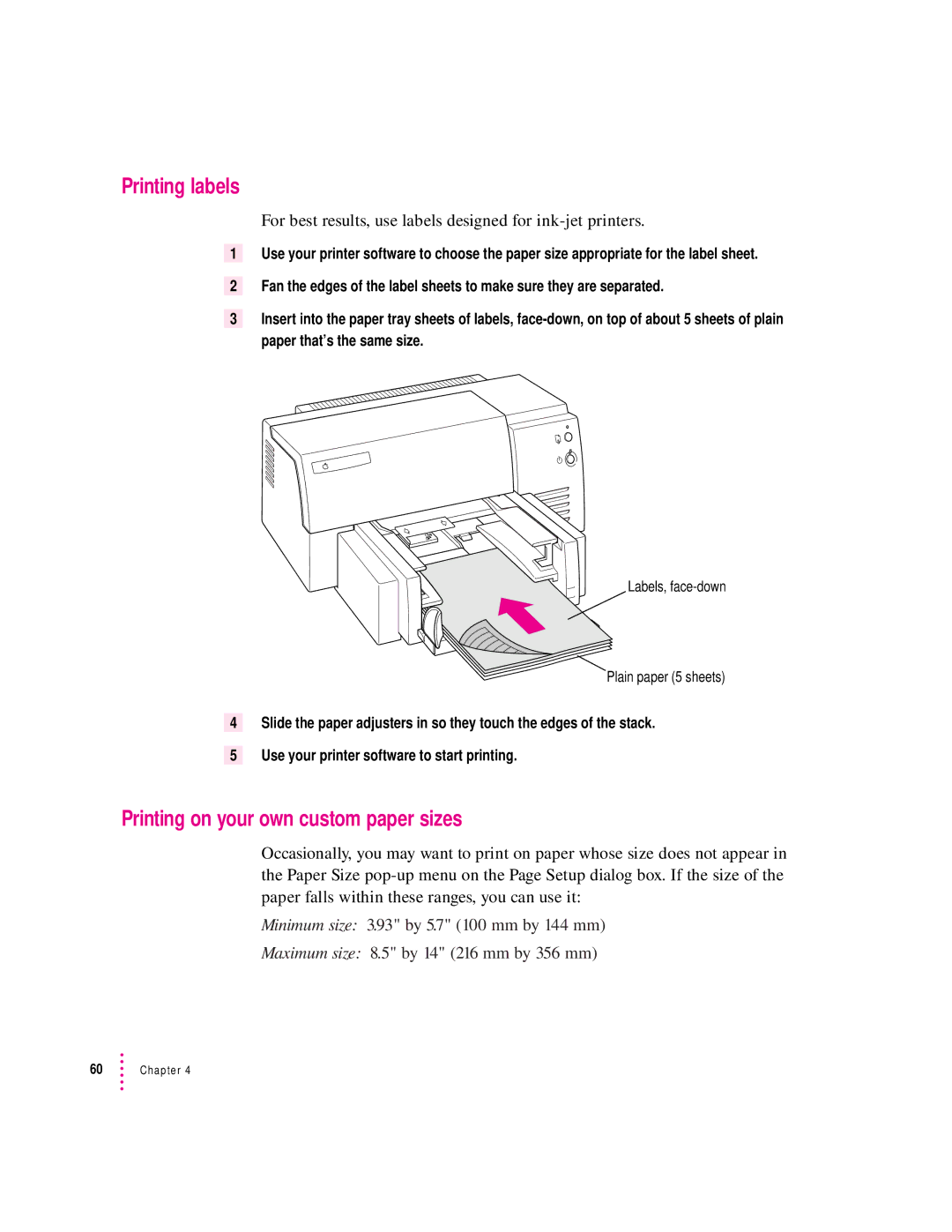 Apple 6500 manual Printing labels, Printing on your own custom paper sizes 