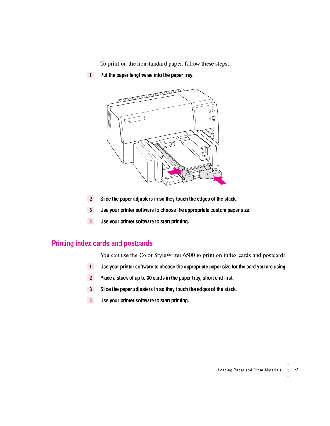 Apple 6500 manual Printing index cards and postcards, To print on the nonstandard paper, follow these steps 