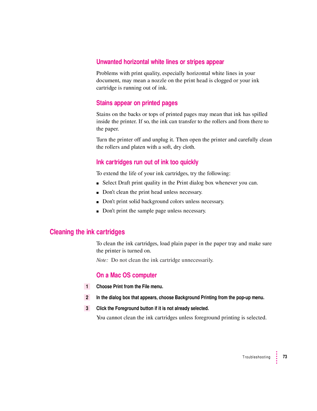 Apple 6500 Cleaning the ink cartridges, Unwanted horizontal white lines or stripes appear, Stains appear on printed pages 