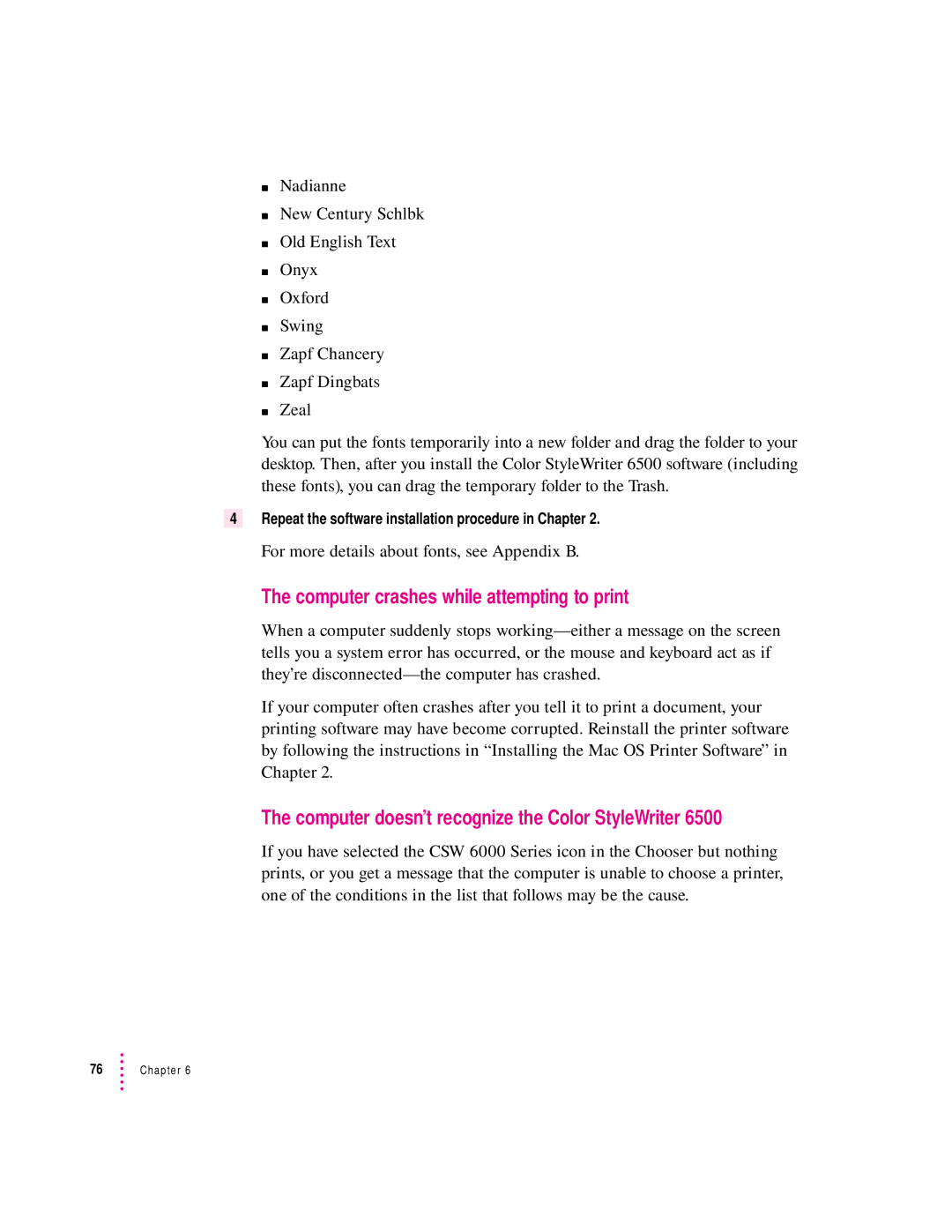 Apple 6500 manual Computer crashes while attempting to print, Computer doesn’t recognize the Color StyleWriter 