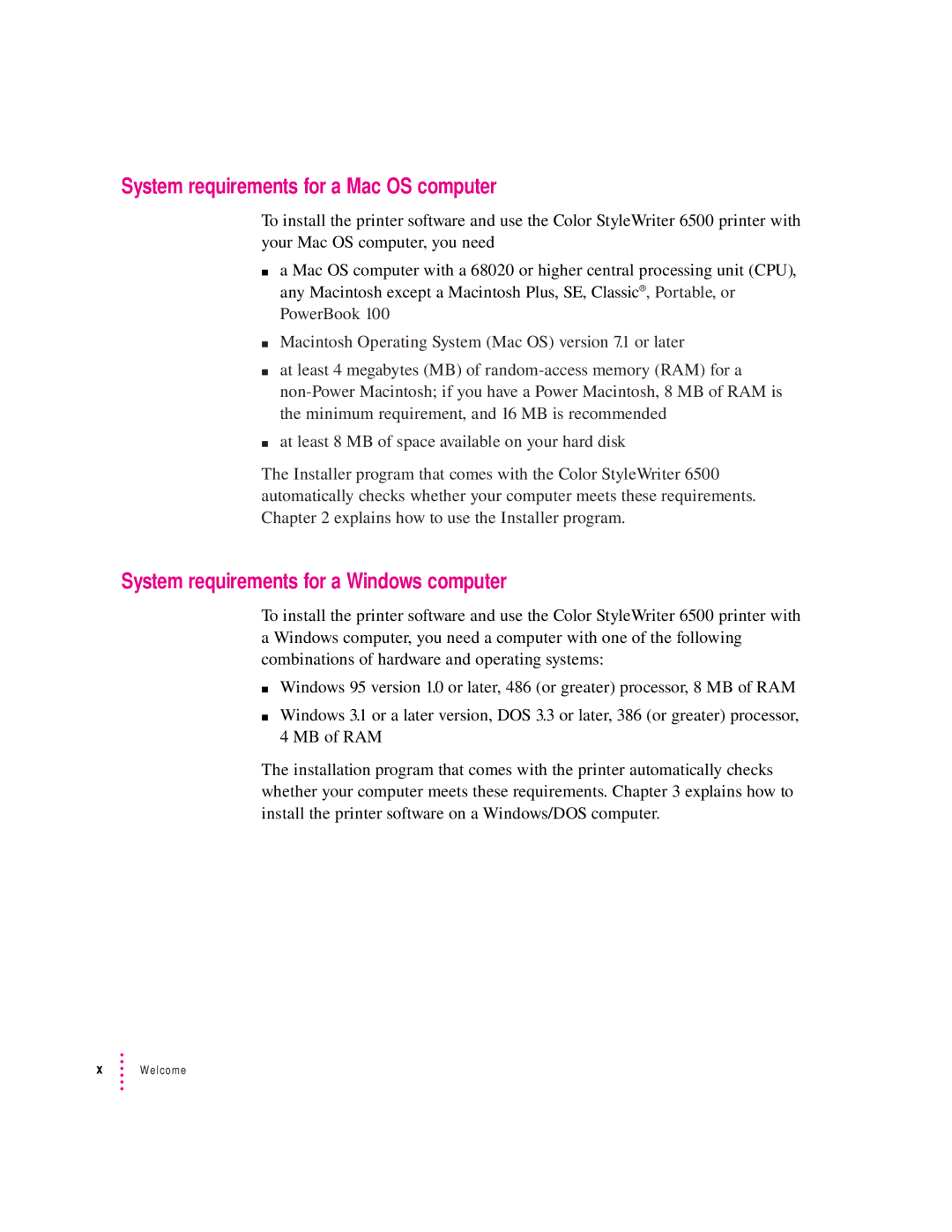 Apple 6500 manual System requirements for a Mac OS computer, System requirements for a Windows computer 