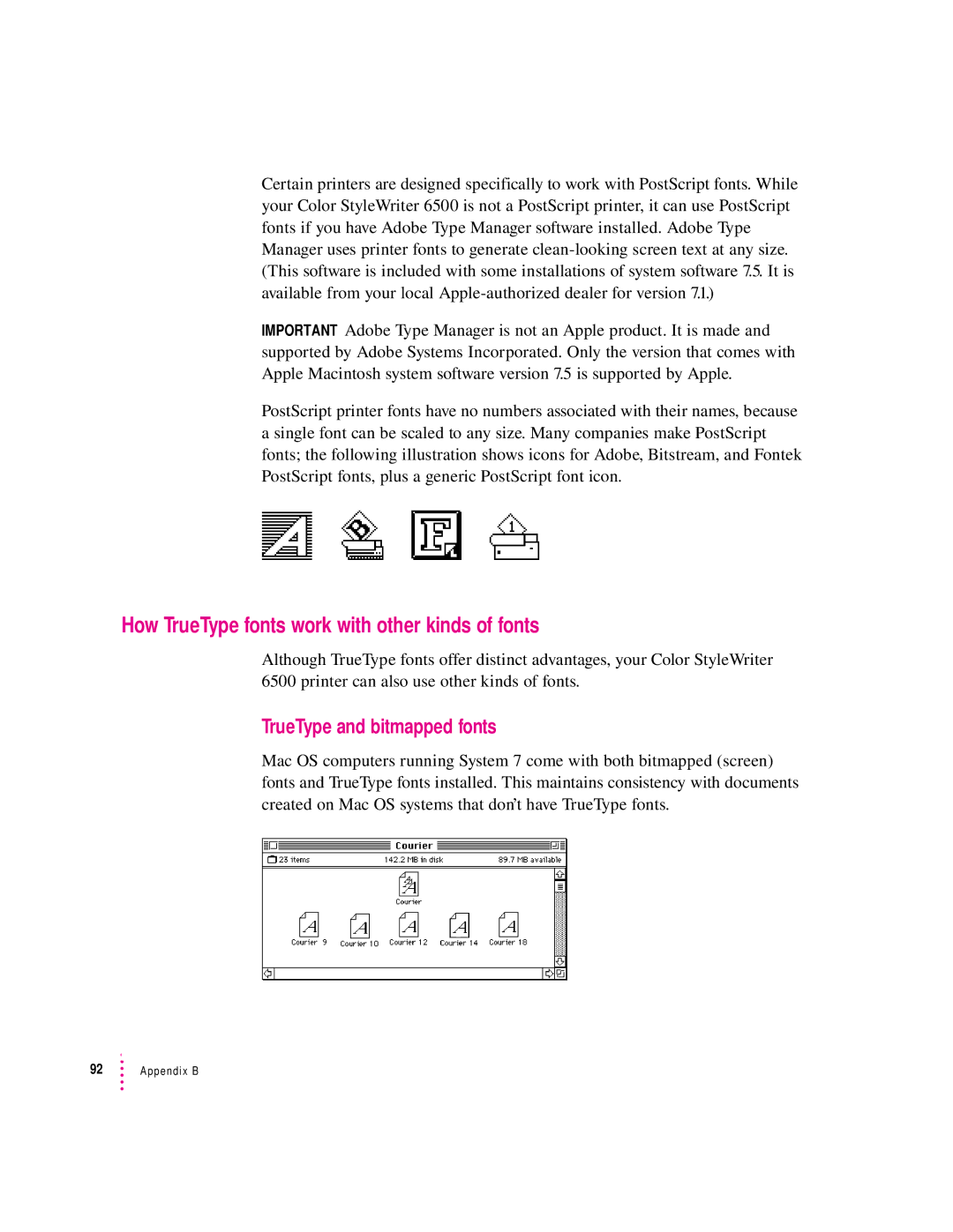 Apple 6500 manual How TrueType fonts work with other kinds of fonts, TrueType and bitmapped fonts 