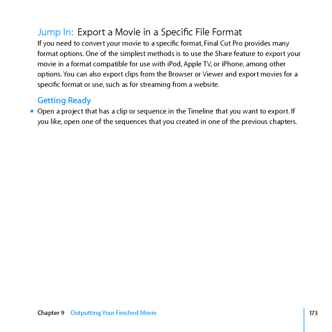 Apple 7 manual Jump In Export a Movie in a Specific File Format, Getting Ready, Outputting Your Finished Movie 