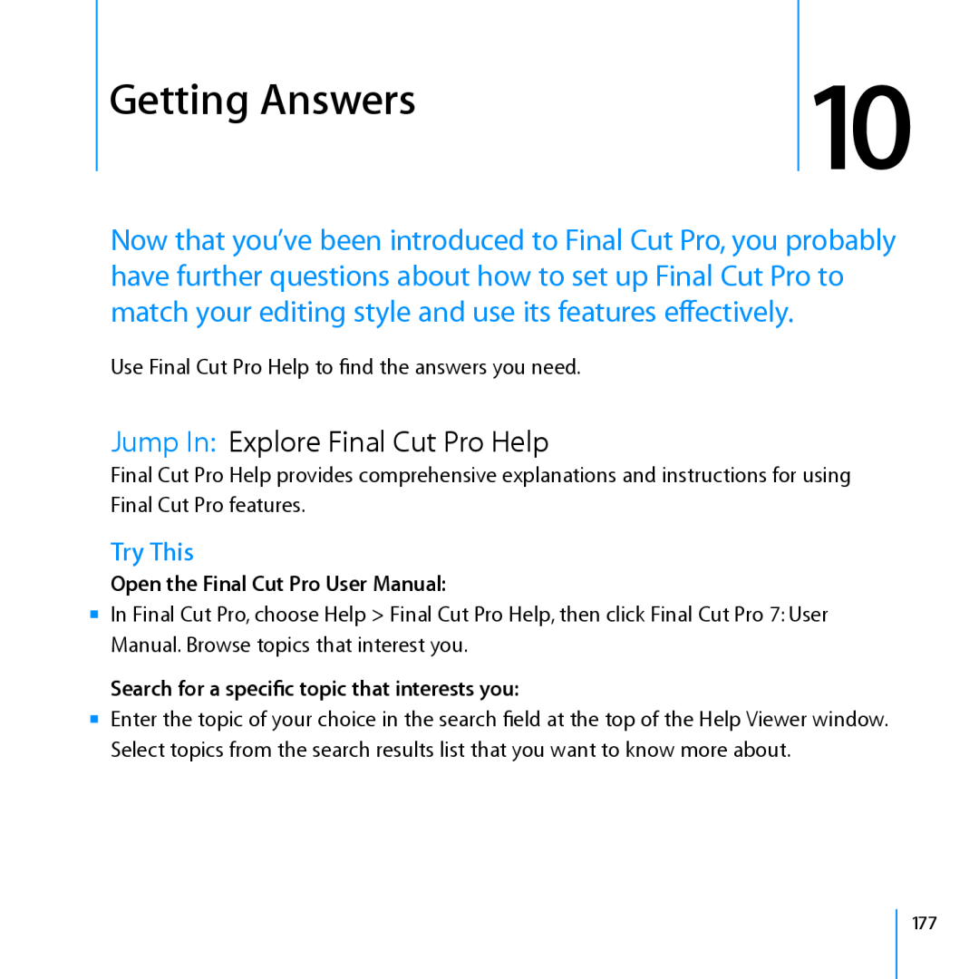 Apple 7 manual Getting Answers, Jump In Explore Final Cut Pro Help, Open the Final Cut Pro User Manual, Try This 