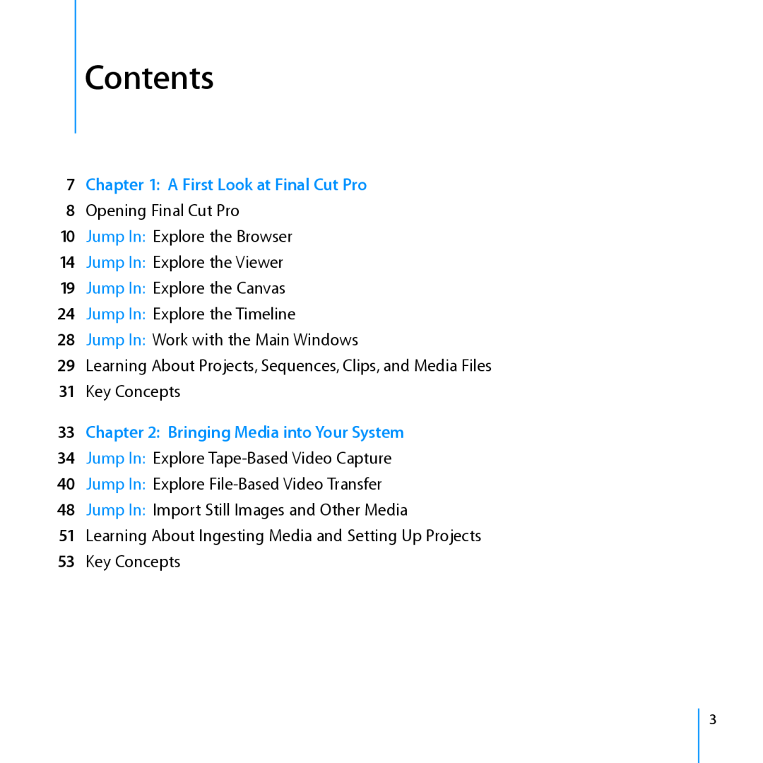 Apple 7 manual Contents, A First Look at Final Cut Pro, Bringing Media into Your System 