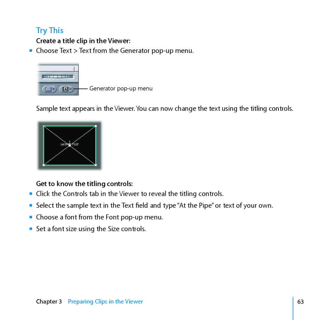 Apple 7 manual Create a title clip in the Viewer, Get to know the titling controls, Try This 