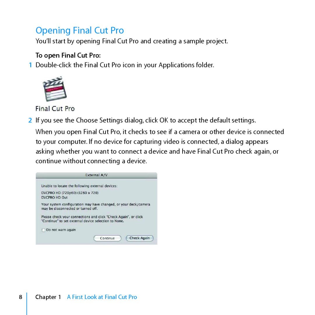 Apple 7 manual Opening Final Cut Pro, To open Final Cut Pro 