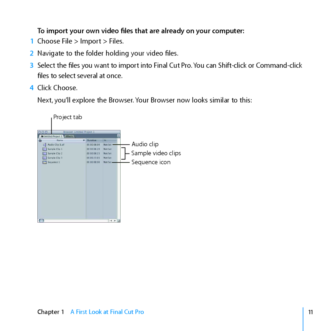 Apple 7 manual Project tab Audio clip Sample video clips Sequence icon 