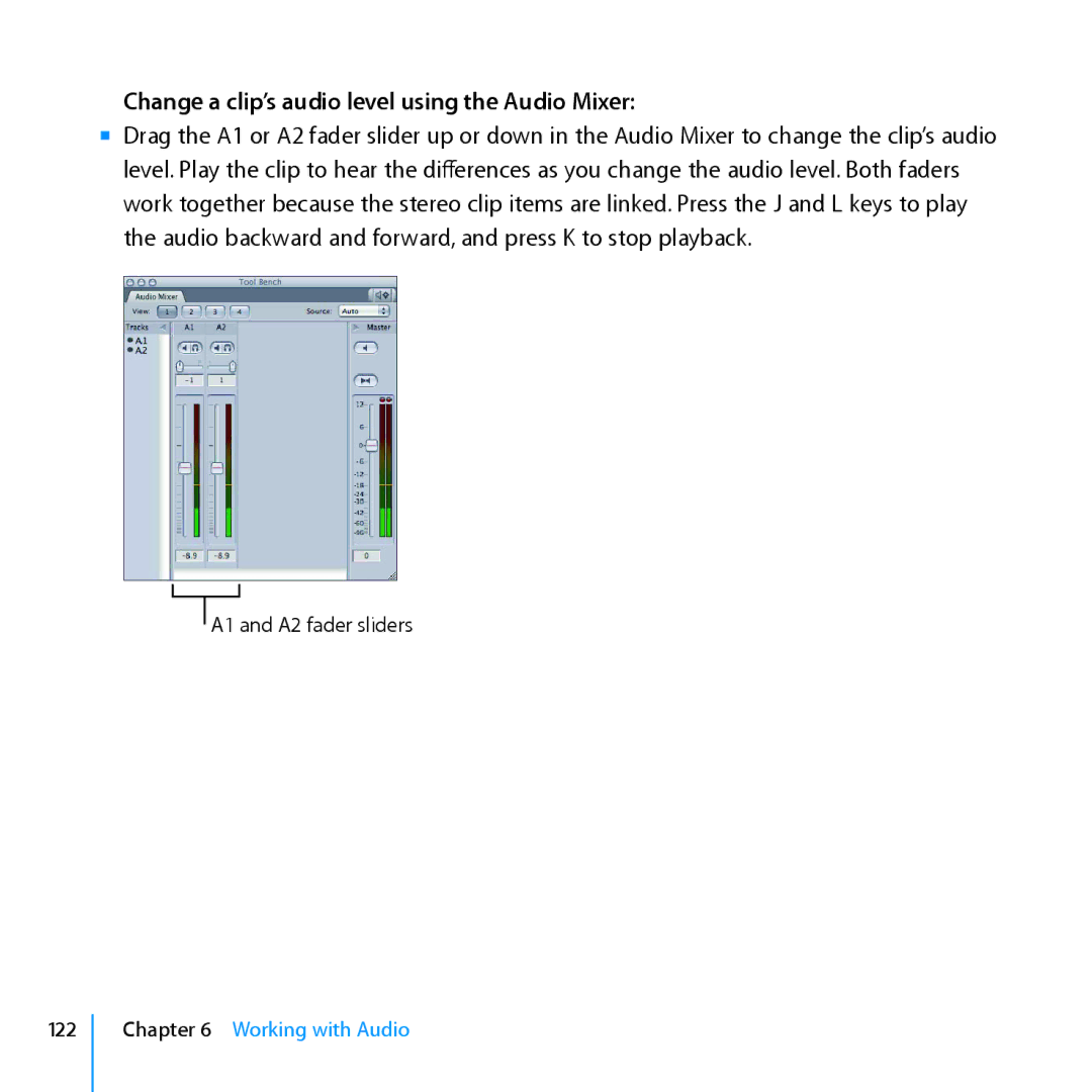 Apple 7 manual Change a clip’s audio level using the Audio Mixer 