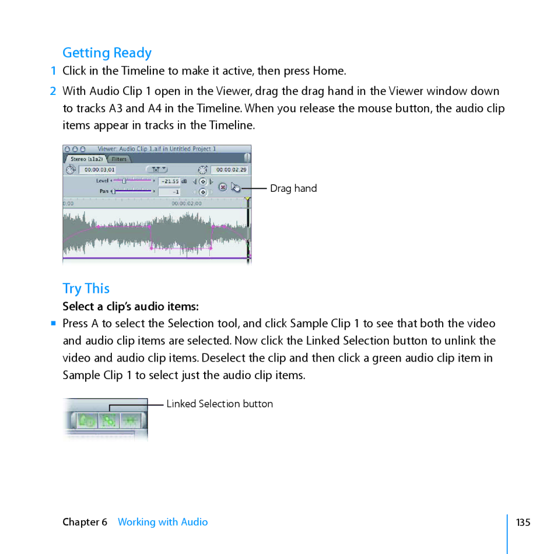 Apple 7 manual Select a clip’s audio items 