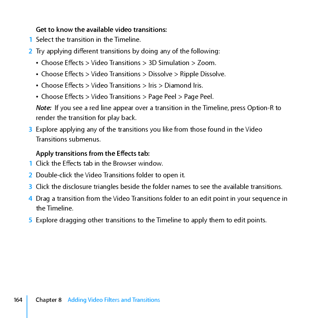 Apple 7 manual Get to know the available video transitions, Apply transitions from the Effects tab 