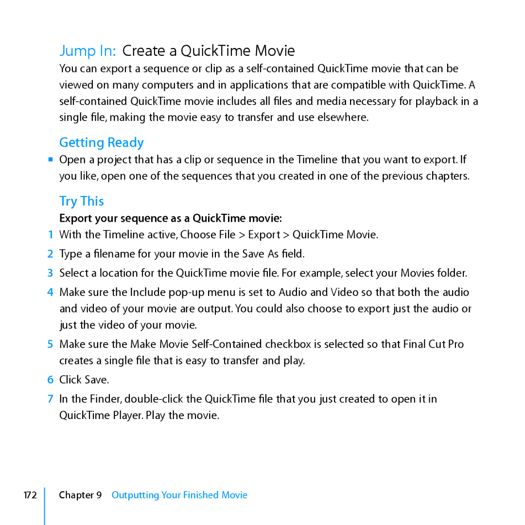 Apple 7 manual Jump In Create a QuickTime Movie, Export your sequence as a QuickTime movie 