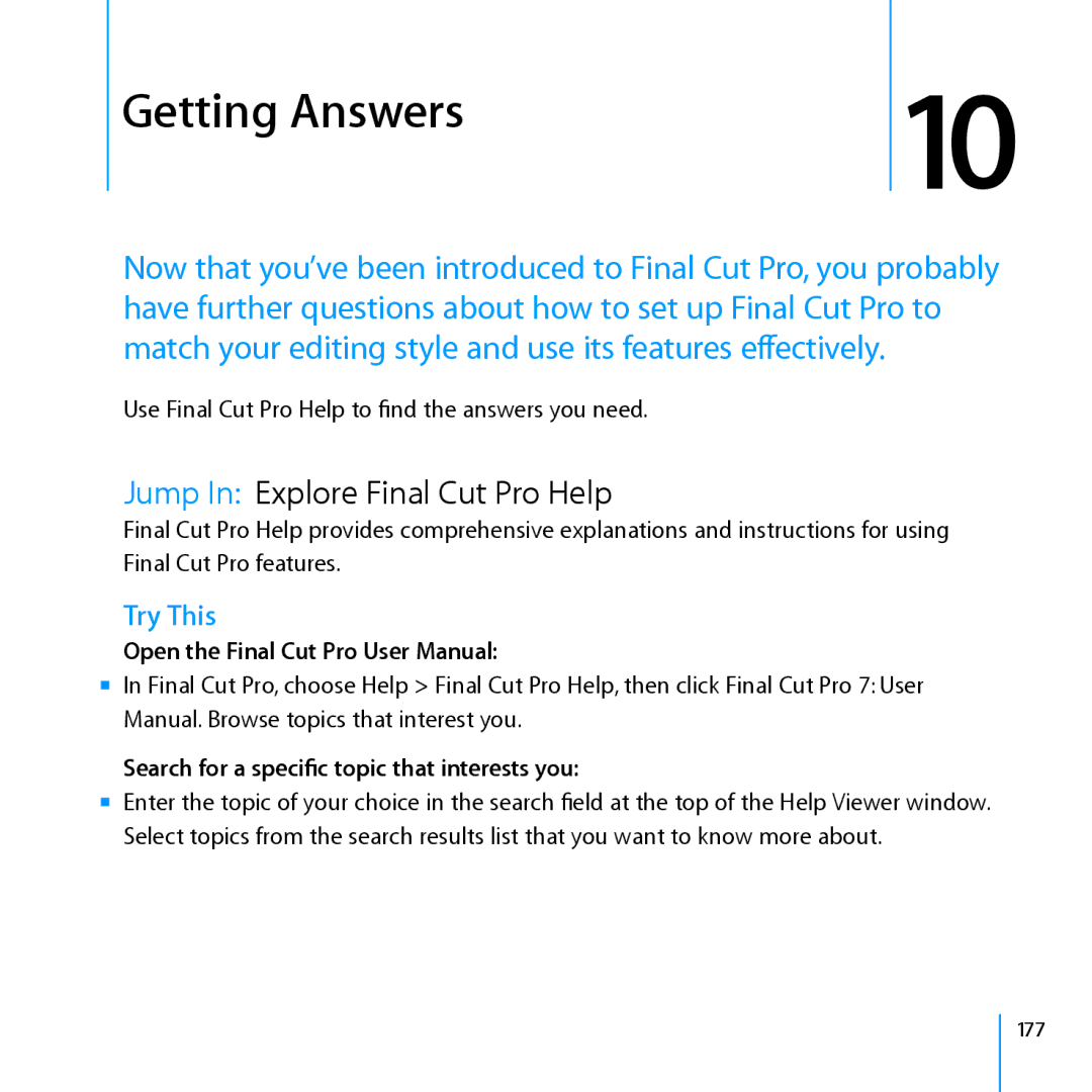 Apple 7 manual Jump In Explore Final Cut Pro Help, Search for a specific topic that interests you 
