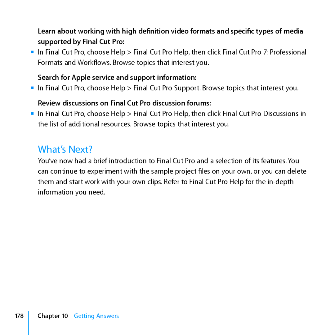 Apple 7 manual Search for Apple service and support information, Review discussions on Final Cut Pro discussion forums 