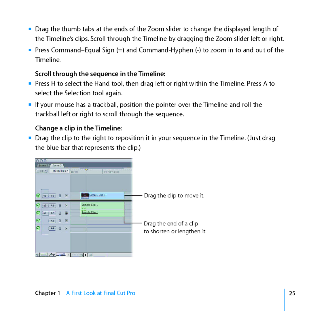 Apple 7 manual Scroll through the sequence in the Timeline, Change a clip in the Timeline 