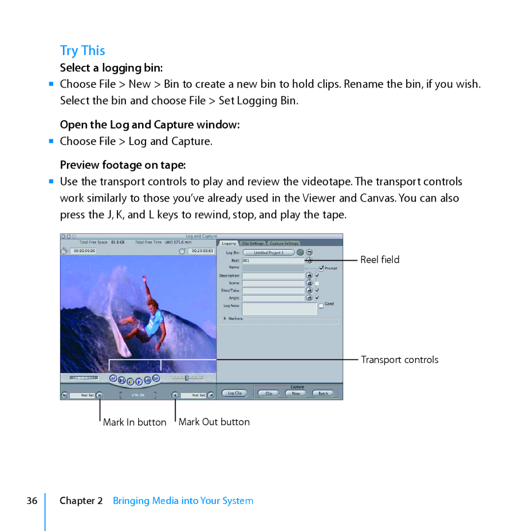 Apple 7 manual Select a logging bin, Preview footage on tape 