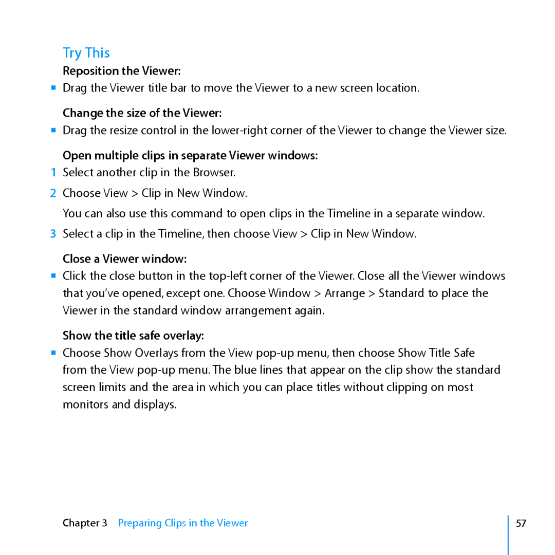 Apple 7 manual Reposition the Viewer, Change the size of the Viewer, Open multiple clips in separate Viewer windows 