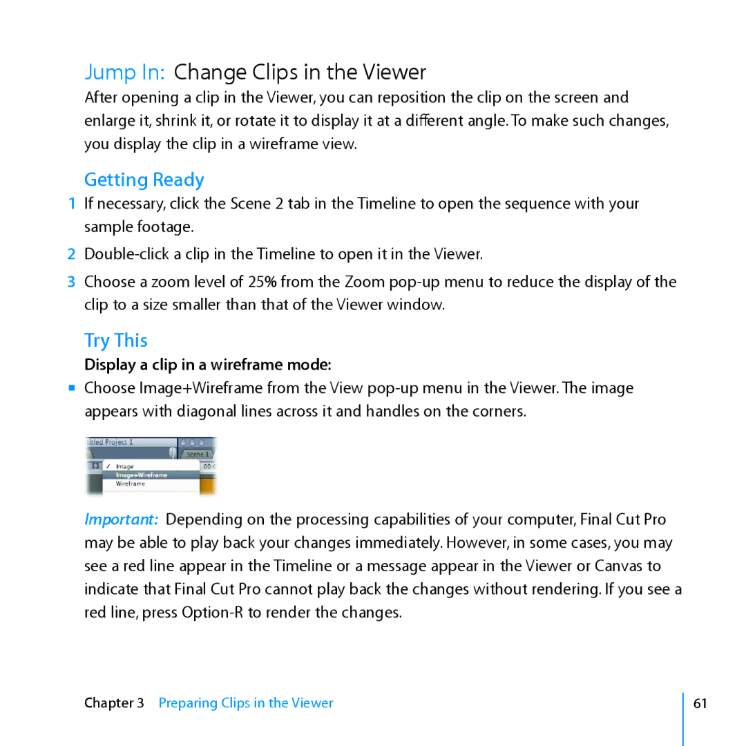 Apple 7 manual Jump In Change Clips in the Viewer, Display a clip in a wireframe mode 