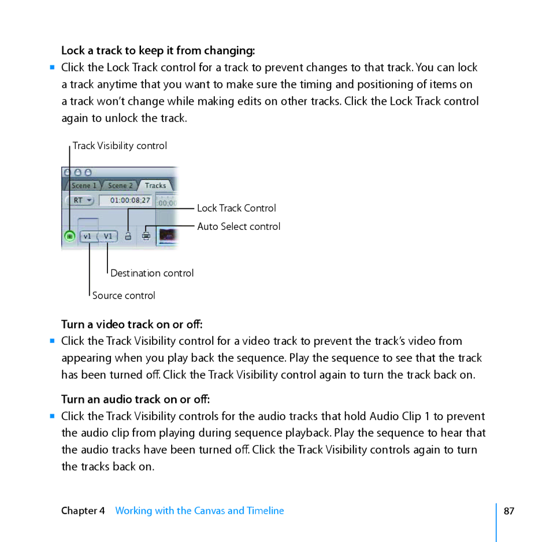 Apple 7 manual Lock a track to keep it from changing, Turn a video track on or off, Turn an audio track on or off 