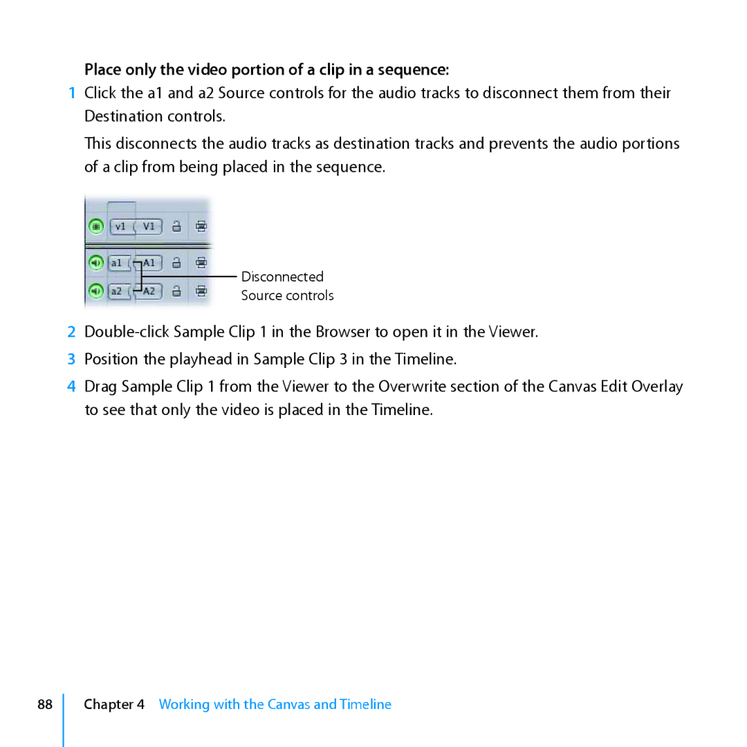 Apple 7 manual Place only the video portion of a clip in a sequence 