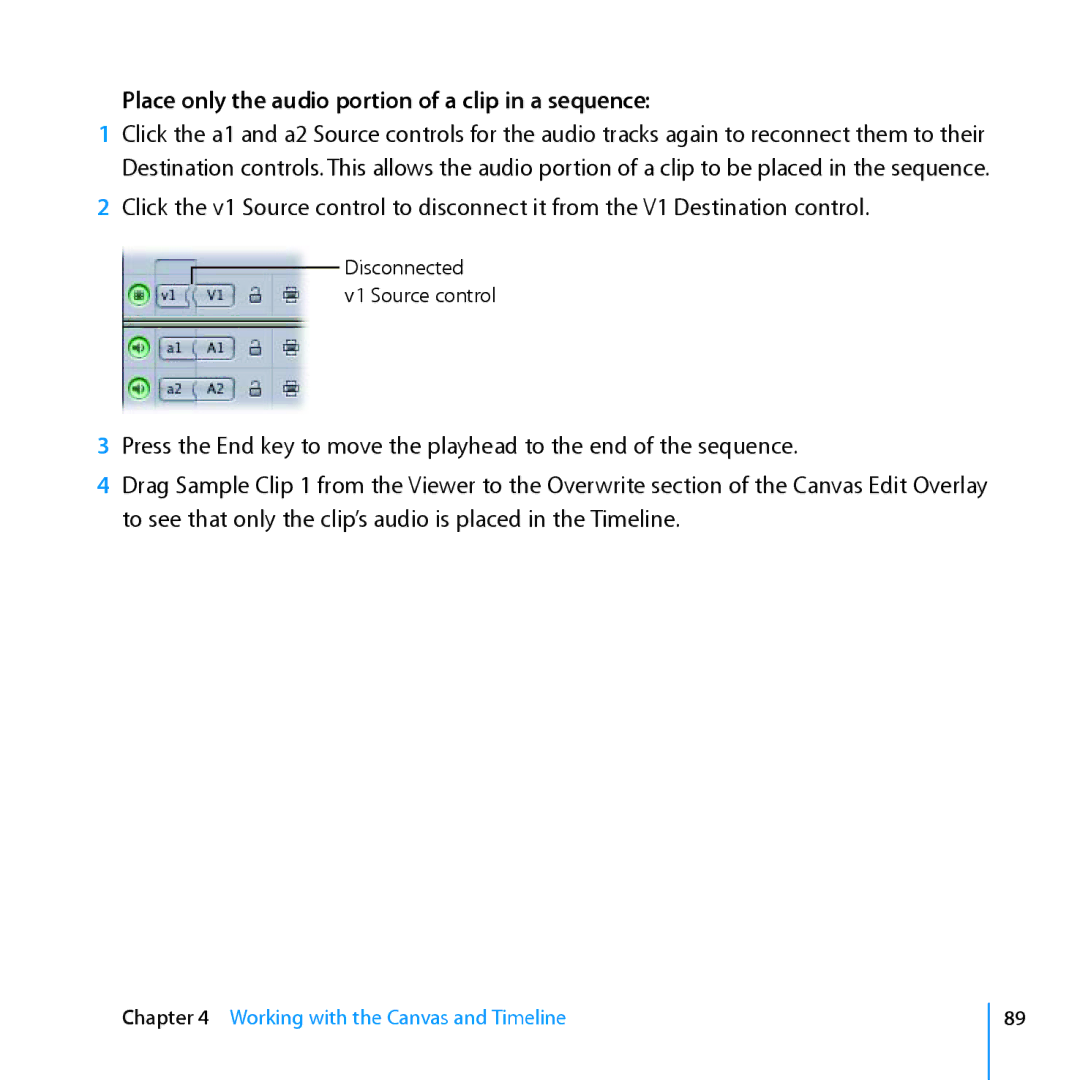 Apple 7 manual Place only the audio portion of a clip in a sequence 