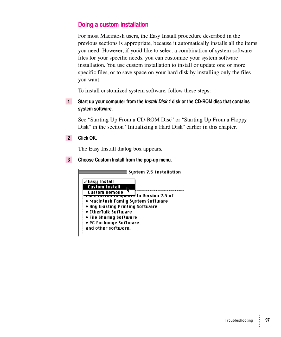 Apple 7100 manual Doing a custom installation, Choose Custom Install from the pop-up menu 