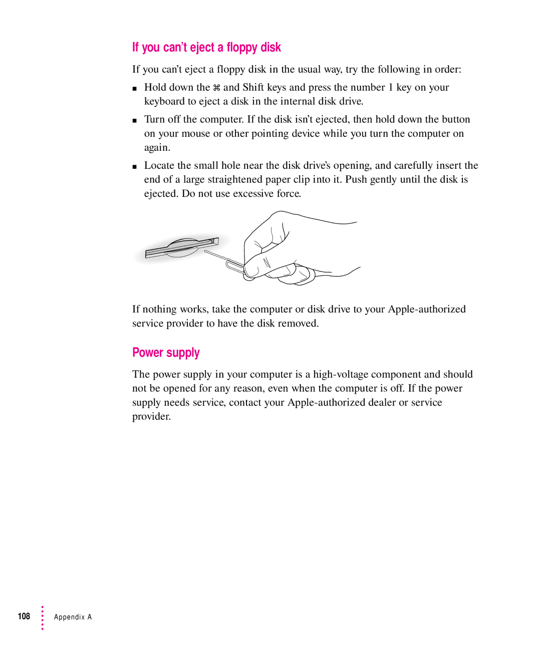 Apple 7100 manual If you can’t eject a floppy disk, Power supply 