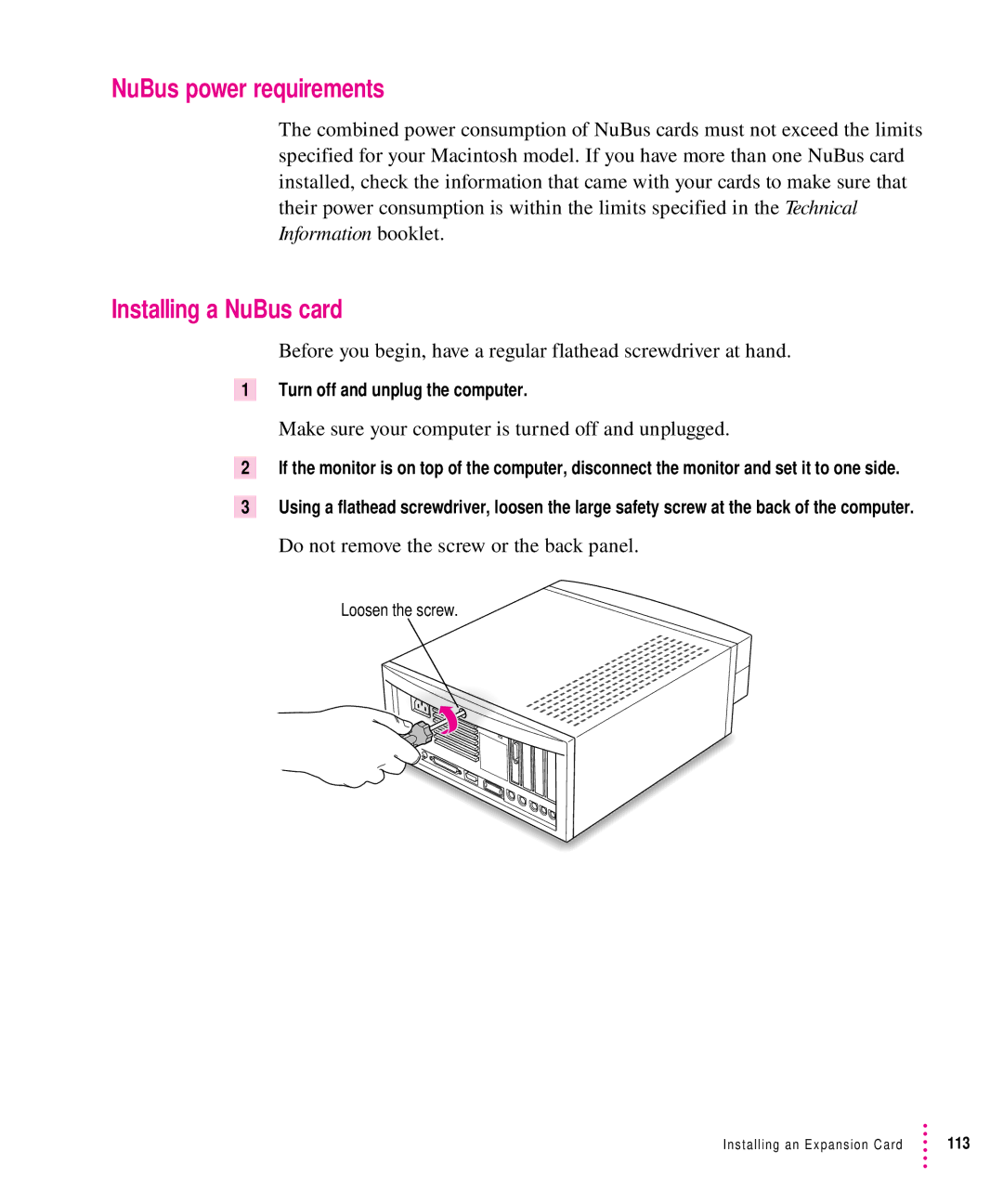 Apple 7100 manual NuBus power requirements, Installing a NuBus card, Make sure your computer is turned off and unplugged 