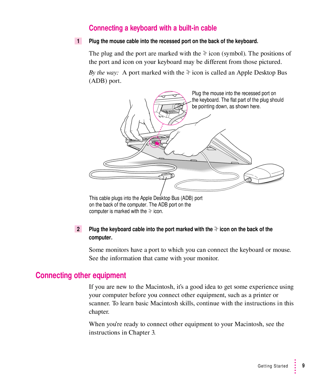 Apple 7100 manual Connecting other equipment, Connecting a keyboard with a built-in cable 