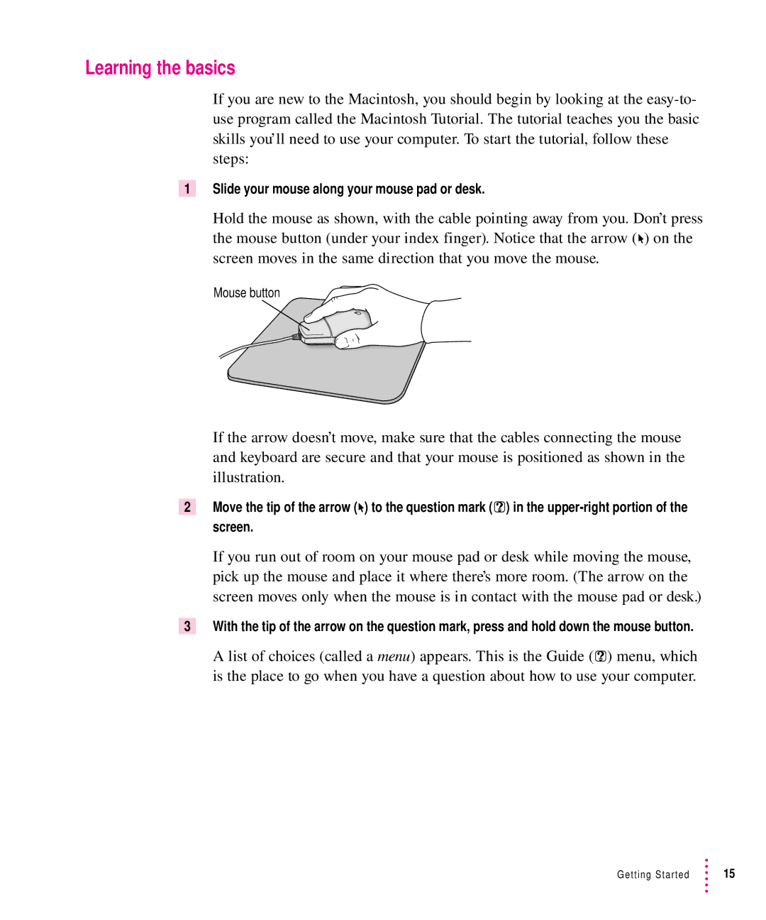 Apple 7100 manual Learning the basics, Slide your mouse along your mouse pad or desk 