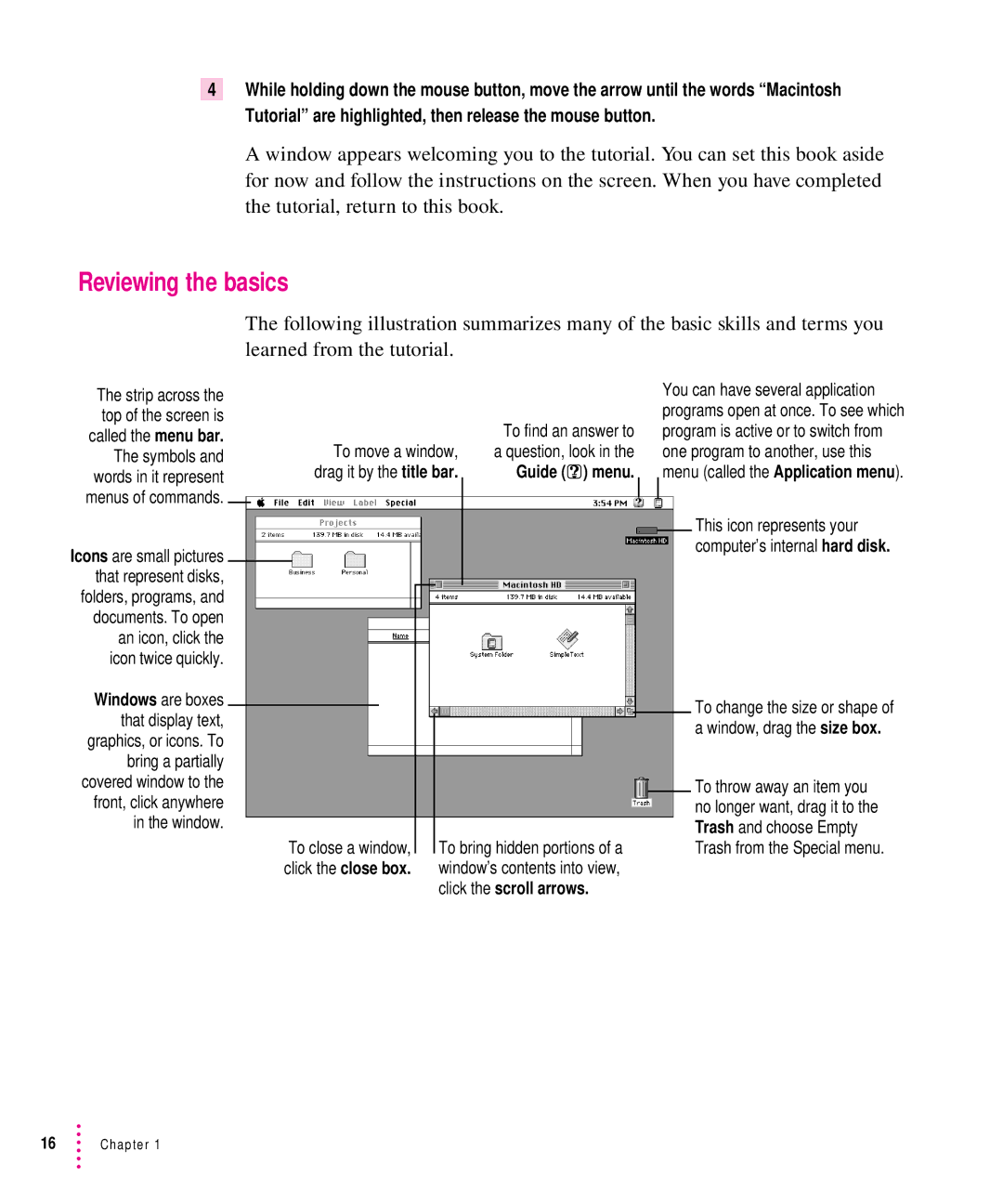 Apple 7100 manual Reviewing the basics, To find an answer to a question, look in the Guide h menu 