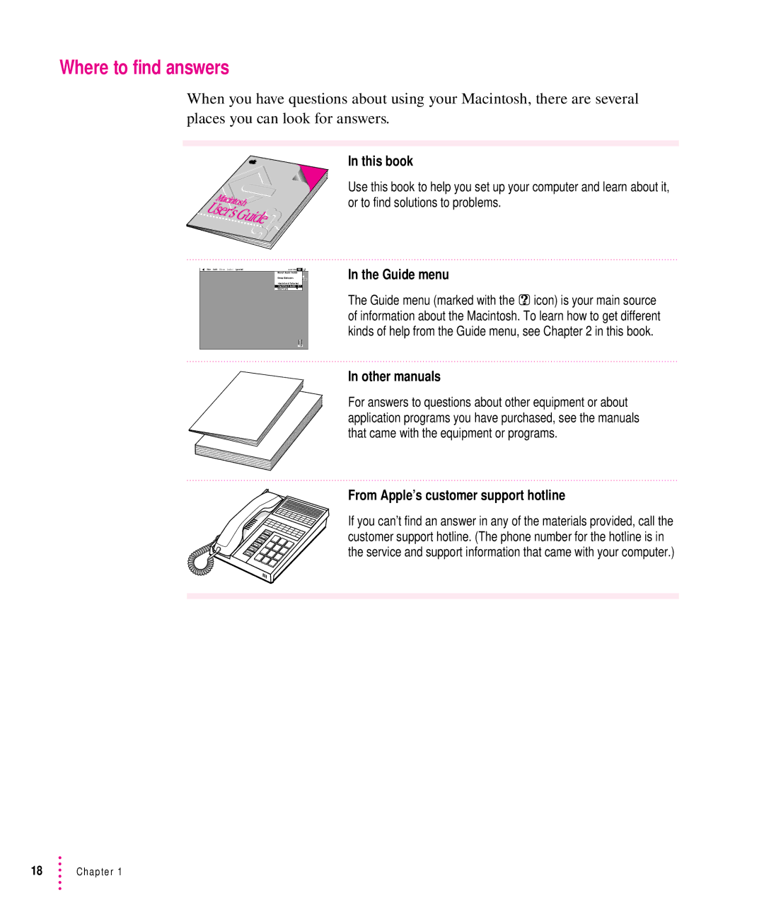 Apple 7100 Where to find answers, This book, Guide menu, Other manuals, From Apple’s customer support hotline 