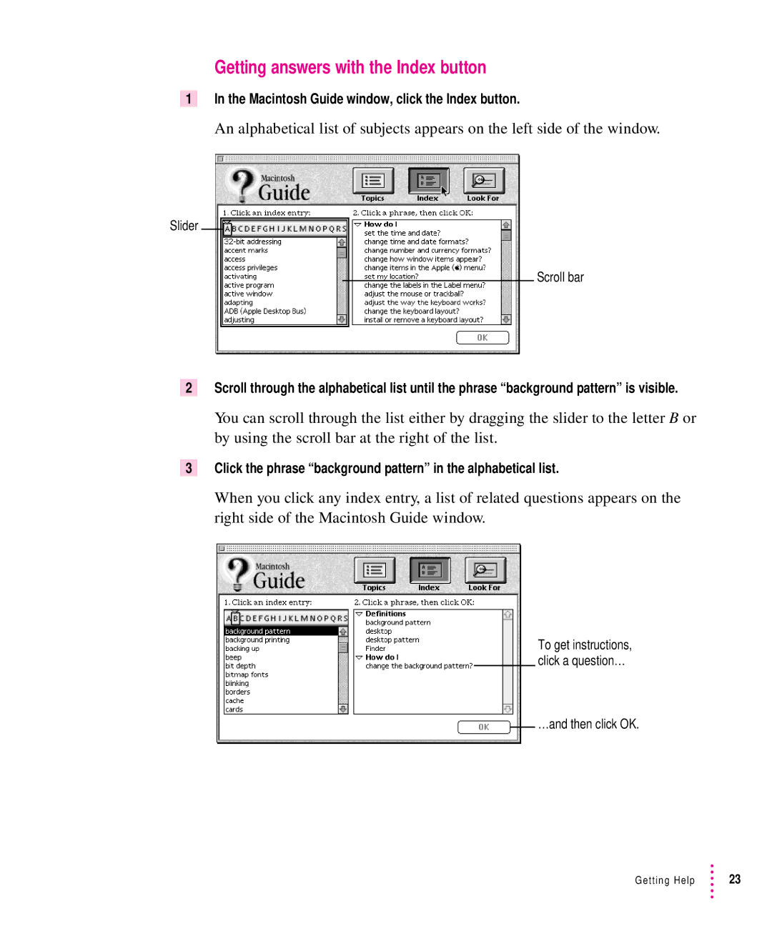 Apple 7100 manual Getting answers with the Index button, Macintosh Guide window, click the Index button 