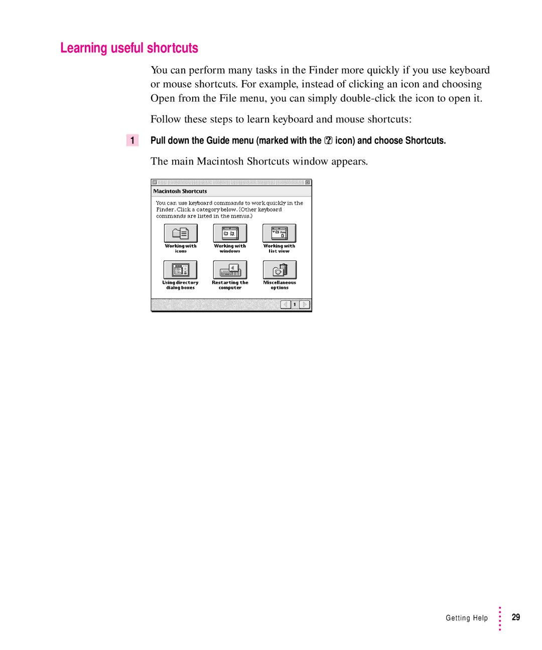 Apple 7100 manual Learning useful shortcuts, Main Macintosh Shortcuts window appears 