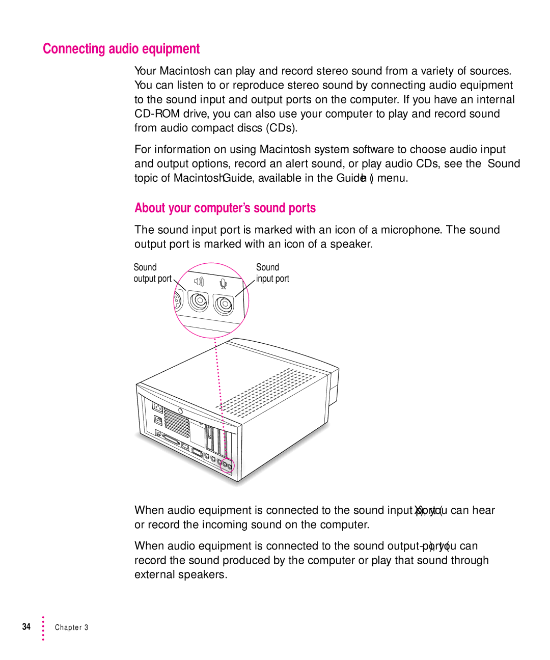 Apple 7100 manual Connecting audio equipment, About your computer’s sound ports 