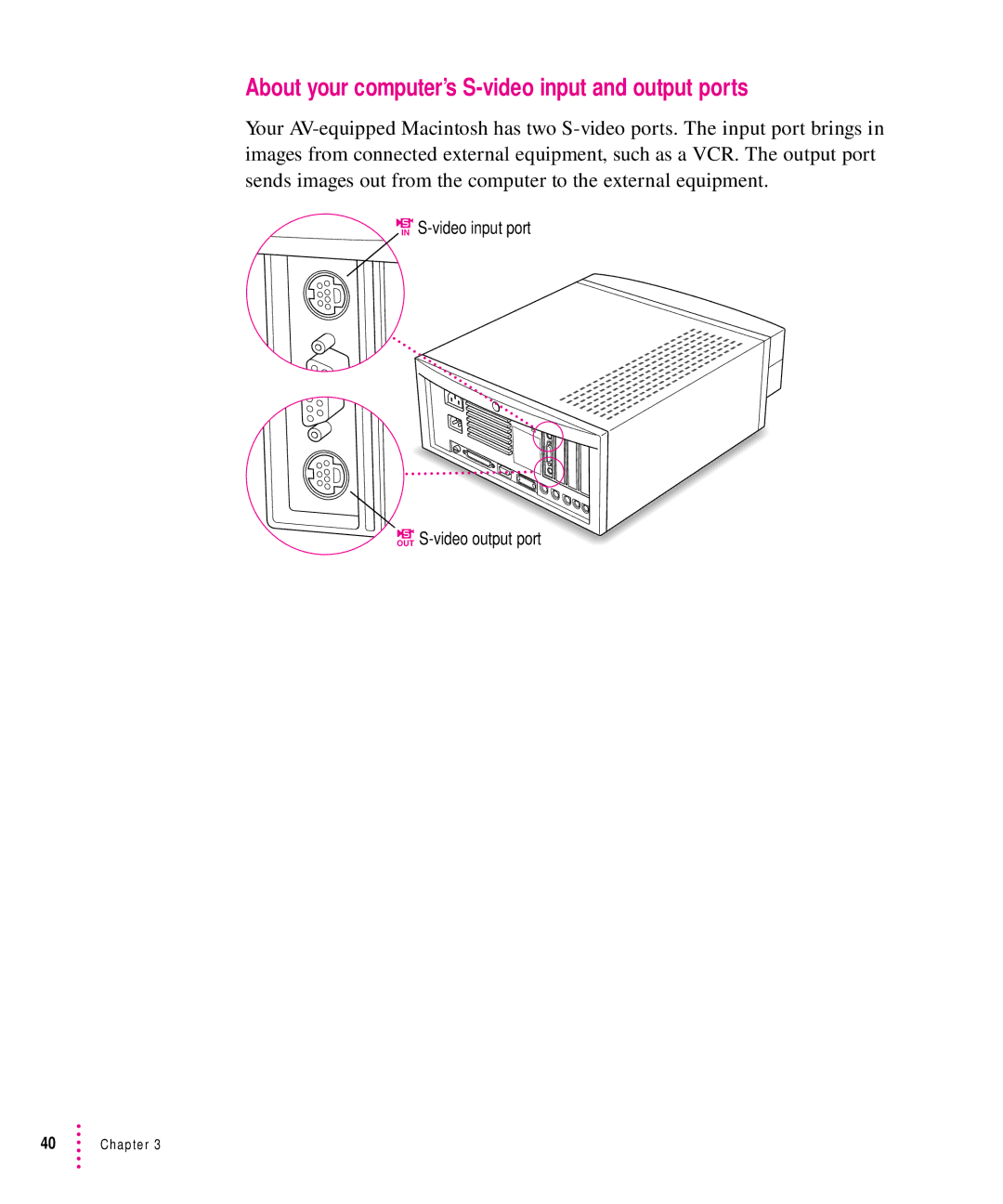 Apple 7100 manual About your computer’s S-video input and output ports 