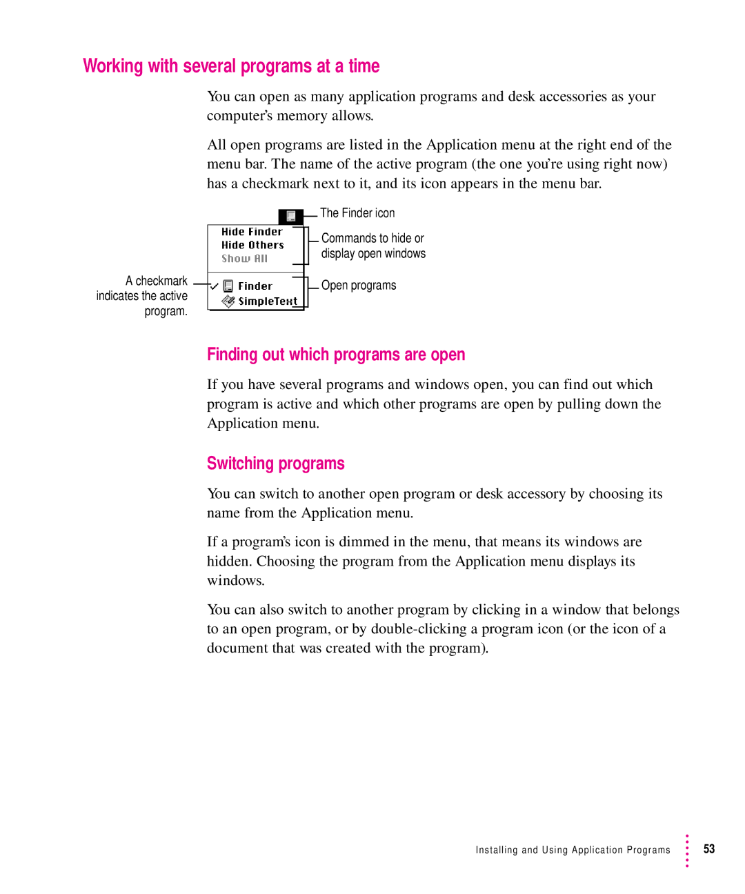 Apple 7100 manual Working with several programs at a time, Finding out which programs are open, Switching programs 