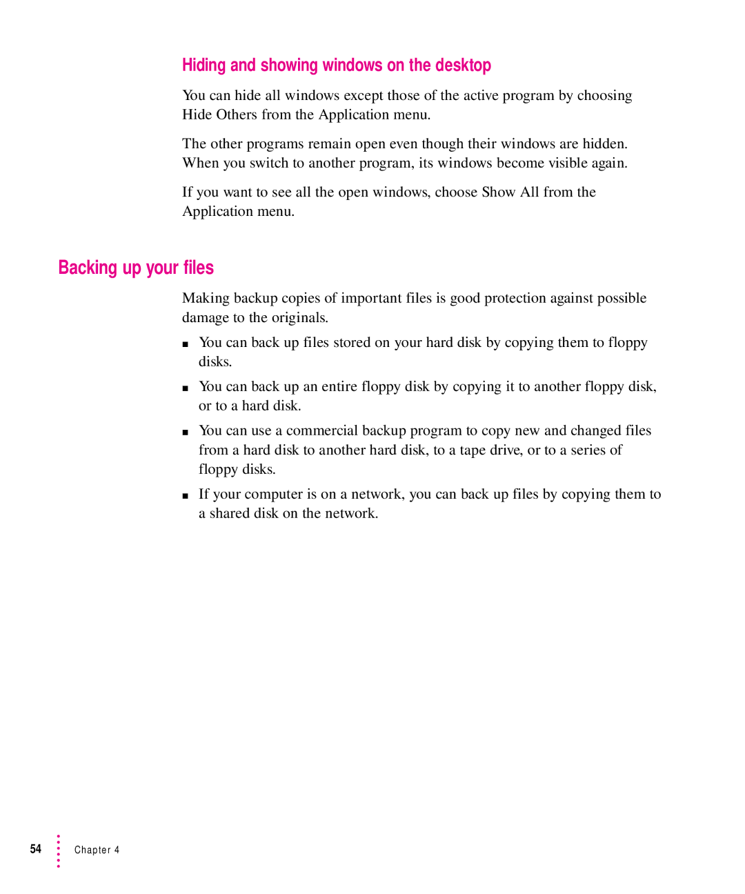 Apple 7100 manual Backing up your files, Hiding and showing windows on the desktop 