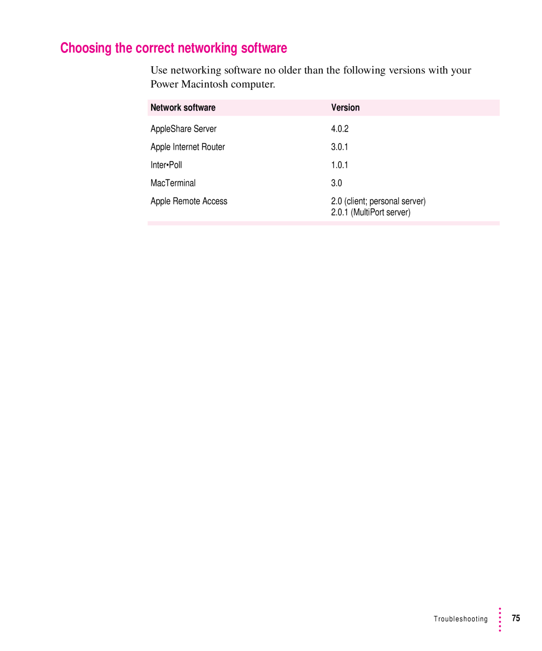 Apple 7100 manual Choosing the correct networking software, Network software Version 