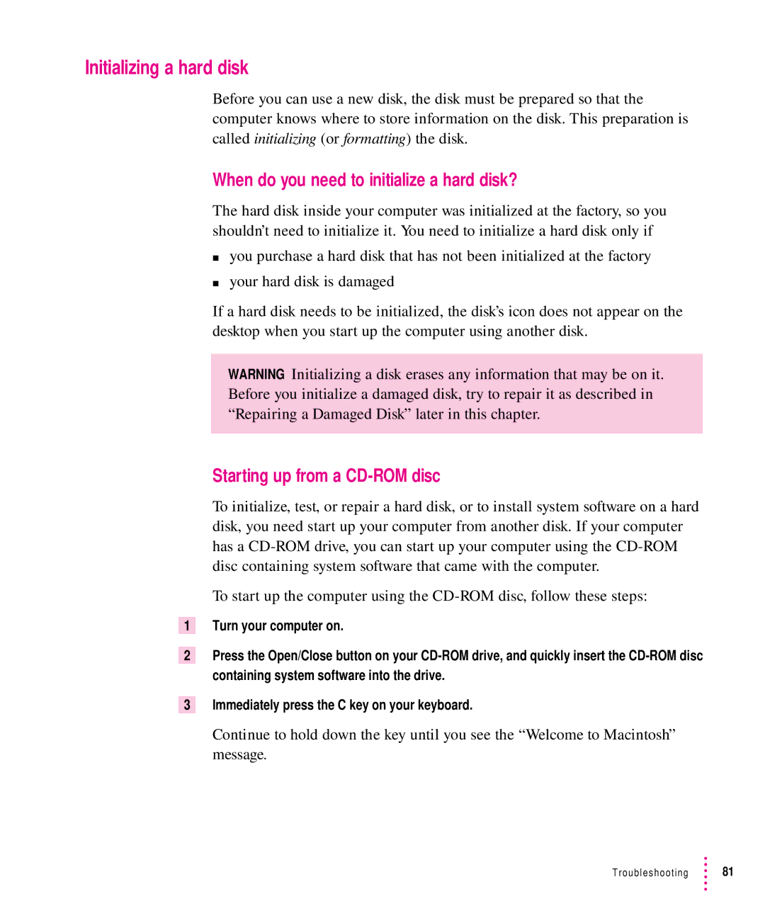 Apple 7100 manual Initializing a hard disk, When do you need to initialize a hard disk?, Starting up from a CD-ROM disc 