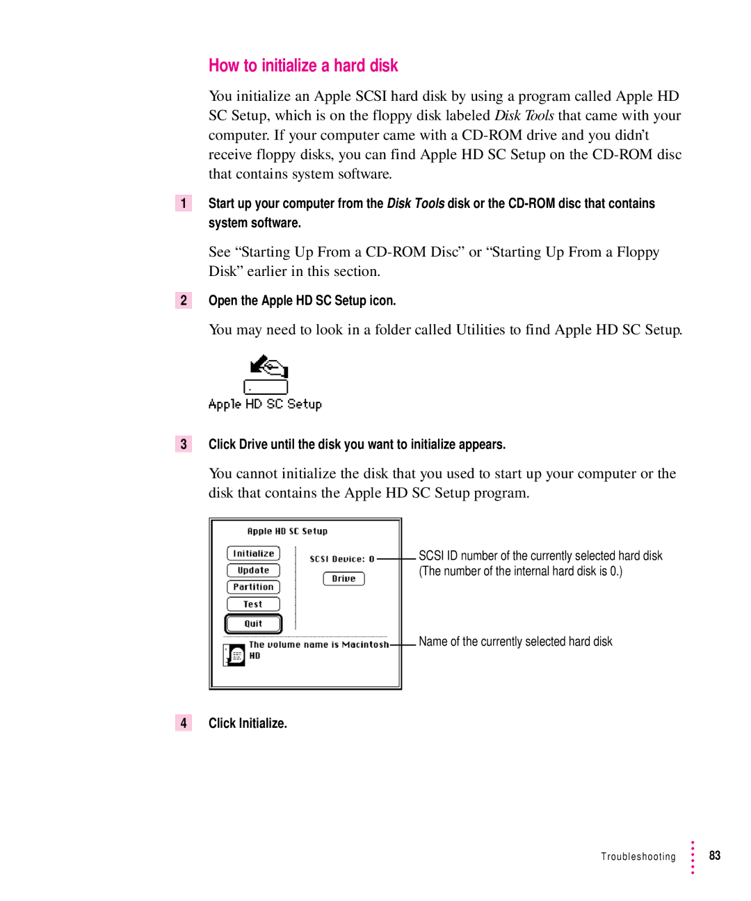 Apple 7100 manual How to initialize a hard disk, Open the Apple HD SC Setup icon, Click Initialize 